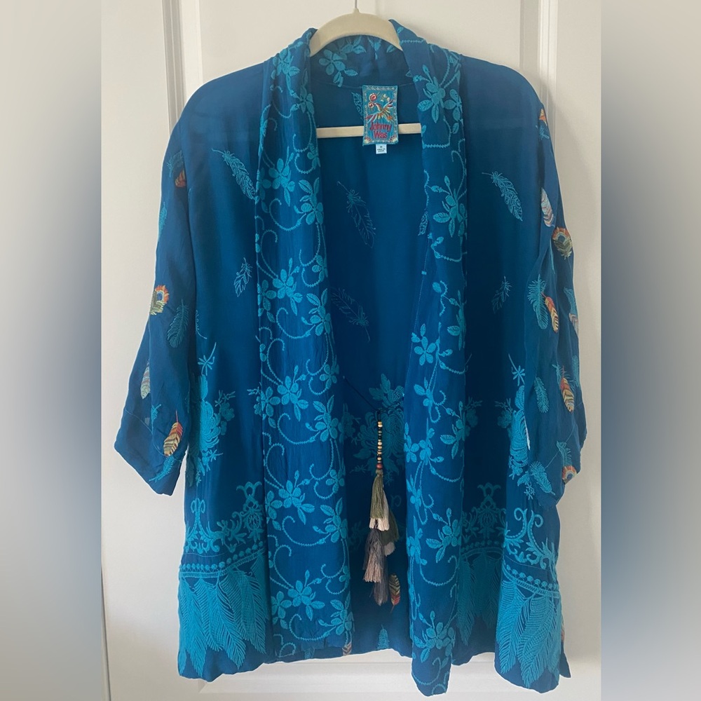 JOHNNY WAS Blue Feather Paloma Kimono Size Medium